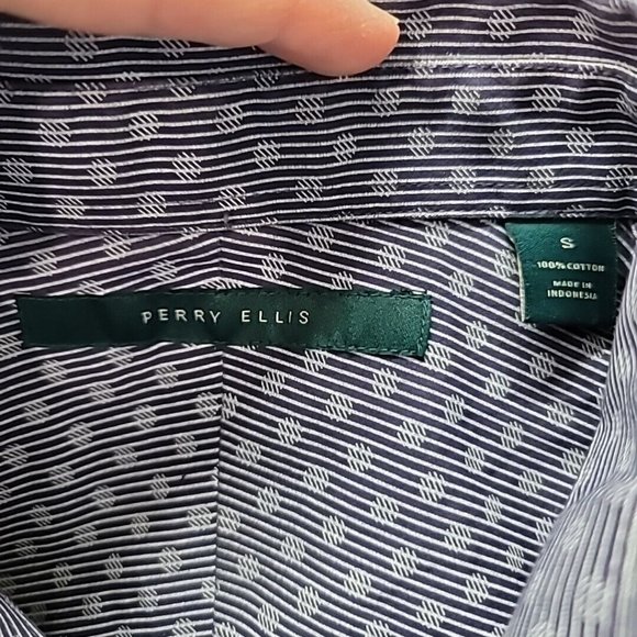 Perry Ellis Mens Long Sleeve Button Up Shirt Blue Stripes Squiggles Size Small - Picture 10 of 10